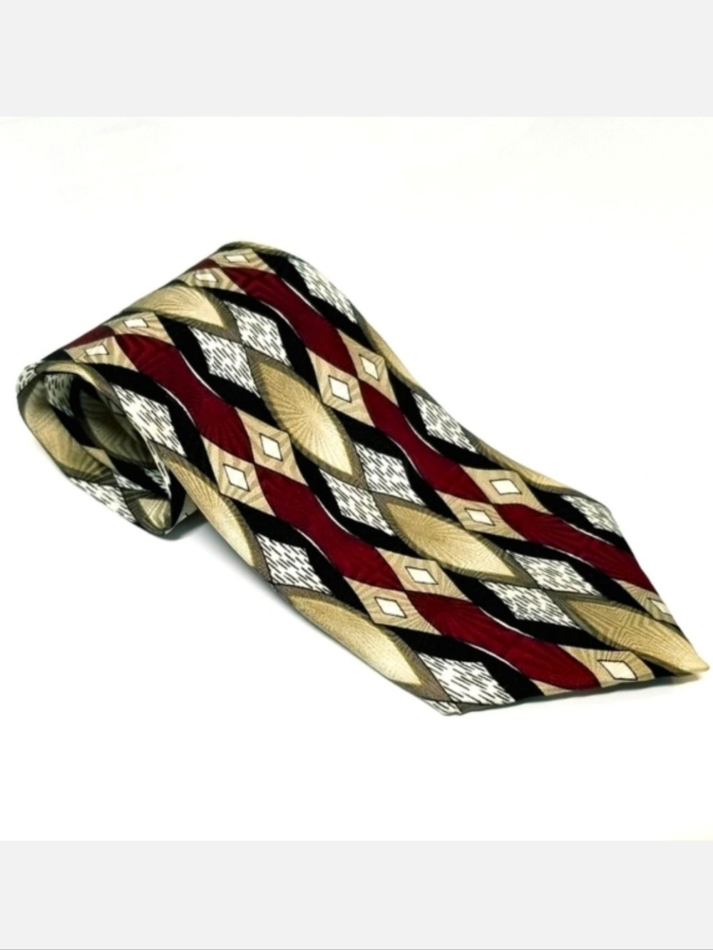 x'Andrini Burgundy Black & Tan Abstract Print 100% Italian Silk Necktie